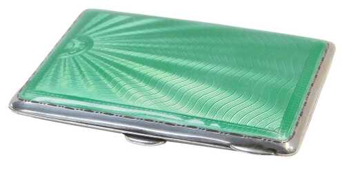 A George V silver and green guilloche enamel cigarette case, Birmingham 1935, 3.10oz all in.