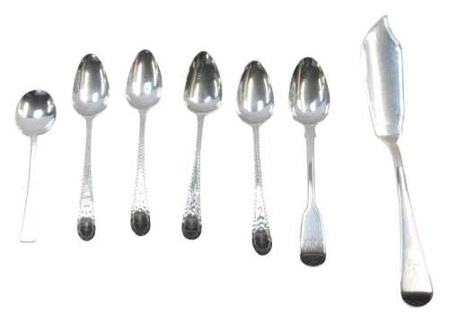 A group of small silver, to include a set of four George III silver teaspoons, bright cut...
