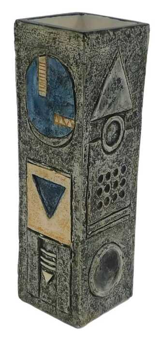 A Troika pottery rectangular vase, decorated by Avril Bennet, with incised and raised abstract...