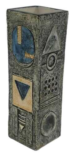 A Troika pottery rectangular vase, decorated by Avril Bennet, with incised and raised abstract...
