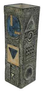 A Troika pottery rectangular vase, decorated by Avril Bennet, with incised and raised abstract...