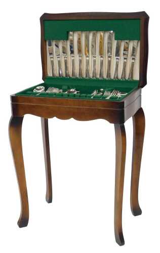 A harlequin silver-plated canteen of cutlery, for six place settings, contained in a mahogany...