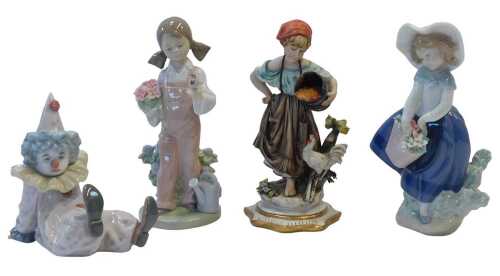 Three Lladro porcelain figures, comprising a girl holding a basket of flowers, 18cm high, a...