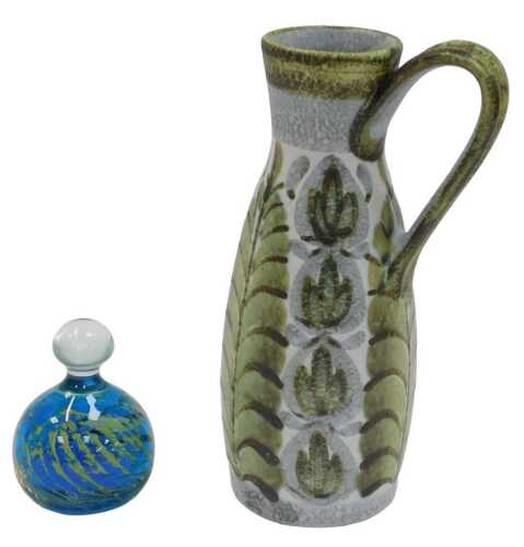A Denby Glyn Colledge stoneware ewer, decorated with green flowers against a mottled ground,...