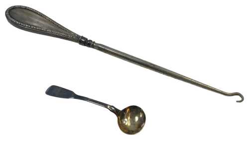 A Victorian silver Fiddle pattern mustard spoon, initial engraved, London 1838, together with a...