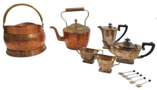 A silver plated four piece tea set, with composition handles, five coffee bean spoons, a copper...