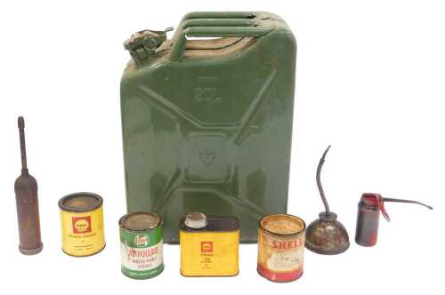 A 20 litre green painted jerry can, together with Shell oil cans, etc. (a quantity)