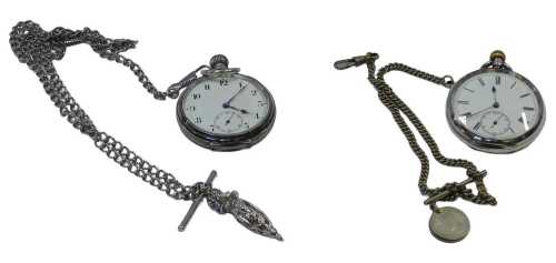 A George V silver pocket watch, with white enamel dial and Arabic numerals, Birmingham 1928, and...