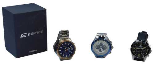A gentleman's Casio Edifice wristwatch, with blue dial and copper bezel, boxed, and two further...