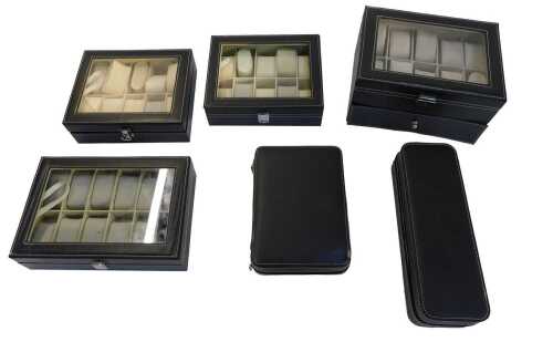 Various watch storage cases, each in black leatherette, with pads. (a quantity)