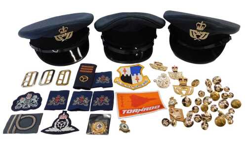 Two RAF Warrant Officers' caps, a further cap, badges, buttons, etc. (a quantity)