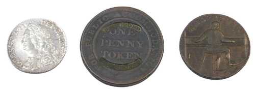 A George III 1758 silver shilling, a Union Copper Company Birmingham 19thC one penny token,...