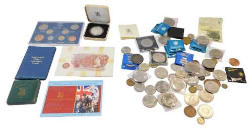 Assorted coinage, to include a Queen Elizabeth The Queen Mother crown, various nickel silver...