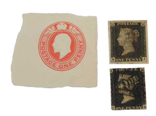 Two Victorian penny black postage stamps, one stamped RJ, the other CK, respectively, and an...