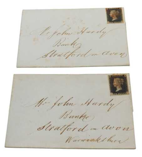 Two Victorian envelopes, each posted to a John Hardy at the Bank in Stratford-on-Avon, franked...