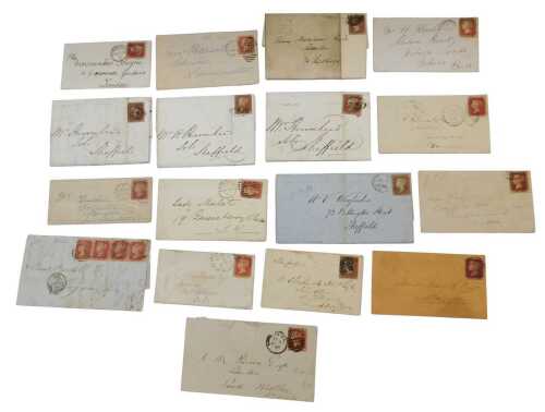 Victorian envelopes and letters, each applied with a penny red stamp, perforated and...