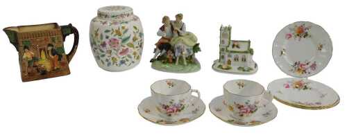 A Royal Doulton pottery Pickwick Papers relief moulded jug, a Minton Haddon Hall ginger jar,...