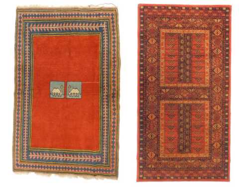 A Turkish carpet, decorated with two camels in pale blue, on a red ground, with multiple borders,...