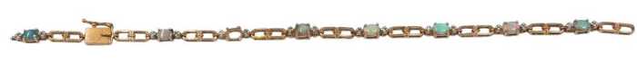 An opal and diamond line bracelet, with a two-sectional link bracelet, yellow metal stamped 9ct,...