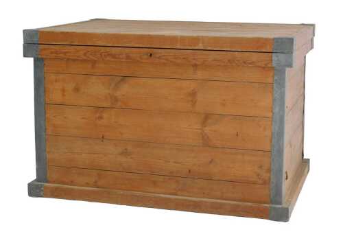 A pine chest, the hinged lid enclosing a vacant interior, with galvanised metal mounts, raised...