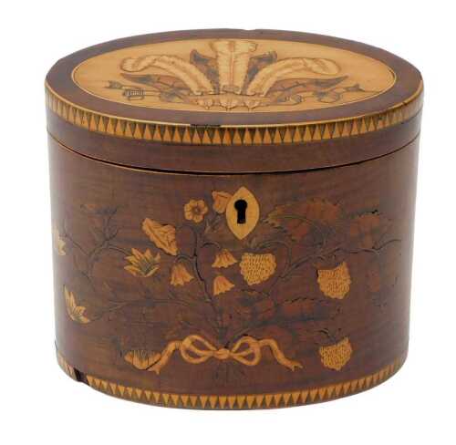 A George III mahogany and marquetry oval tea caddy, the hinged lid decorated with Prince of...