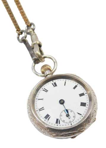 A Victorian fob watch, with a scroll engraved case, a white enamel Roman numeric dial with black...