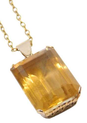 A citrine pendant and chain, the rectangular pendant set with rectangular faceted citrine,...