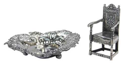 A George V silver miniature chair, Birmingham 1910, together with a late Victorian pierced...