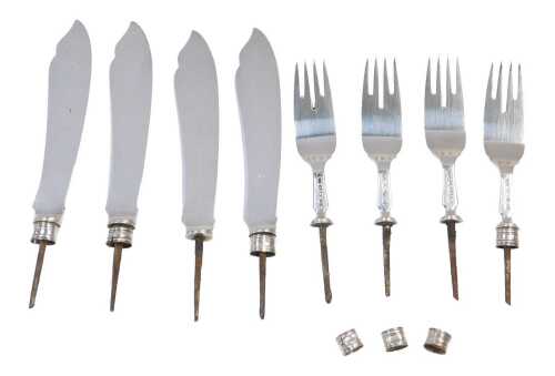 A group of Victorian silver fish fork prongs and knife blades, lacking handles, Birmingham assay,...
