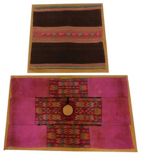 A Chilean woven poncho, mounted onto a hessian frame, together with a further woven and...