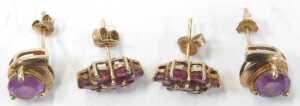 Two pairs of 9ct gold earrings, comprising a pair of garnet floral cluster studs, on single pins... - 2