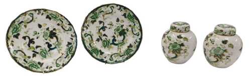A pair of Masons Green Chartreuse pattern ginger jars and covers, and a pair of Green Chartreuse...