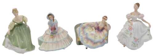 Four Royal Doulton figurines, Pauline HN2441, Lucy HN3653, Fair Lady HN2193, and Day Dreams HN1731.