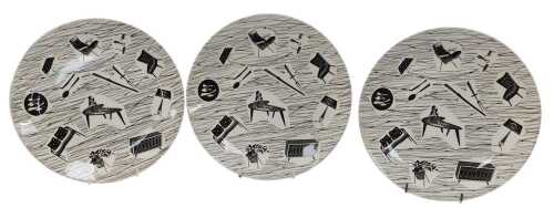 A set of three Homemaker pattern dinner plates, stamped Homemaker to underside in black, 25cm...
