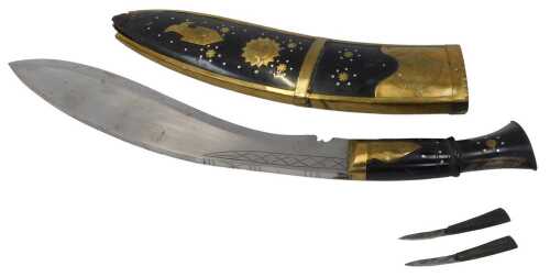A Nepalese kukri, with steel blade, horn handle, and scabbard embellished in brass and silver...