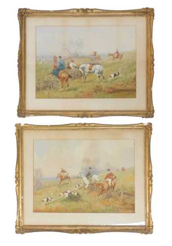 H Leslie. Hunting scenes with figures riding, dogs, etc., watercolour, a pair, 35cm x 49cm.