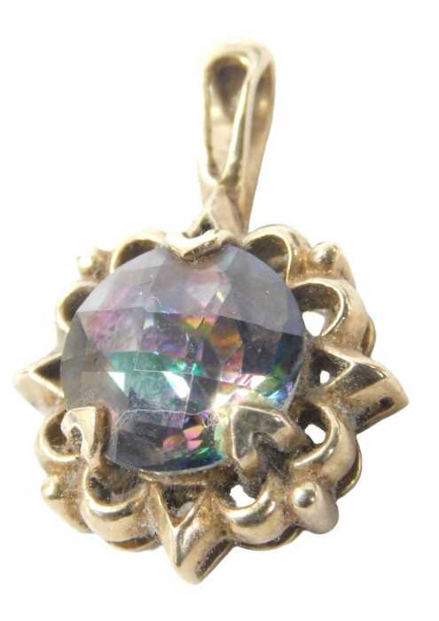 A 9ct gold pendant, set with a rainbow faceted central stone, 3.5g all in.