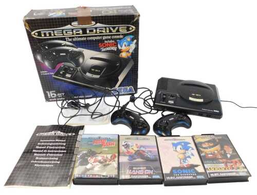 A Sega Mega Drive, including Sonic the Hedgehog, Road Rash, Super Hang On and Ayton Senna's...
