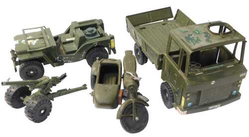 An Action Man truck, motorcycle sidecar, etc.