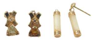 Two pairs of 9ct gold earrings, comprising a pair of cross and bow stone set studs, one stone...