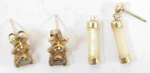 Two pairs of 9ct gold earrings, comprising a pair of cross and bow stone set studs, one stone... - 2