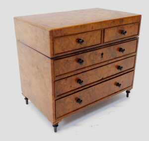 A 19thC burr walnut novelty writing chest, the hinged lid enclosing two ink pots, the front with... - 2