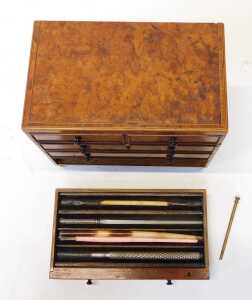 A 19thC burr walnut novelty writing chest, the hinged lid enclosing two ink pots, the front with... - 3