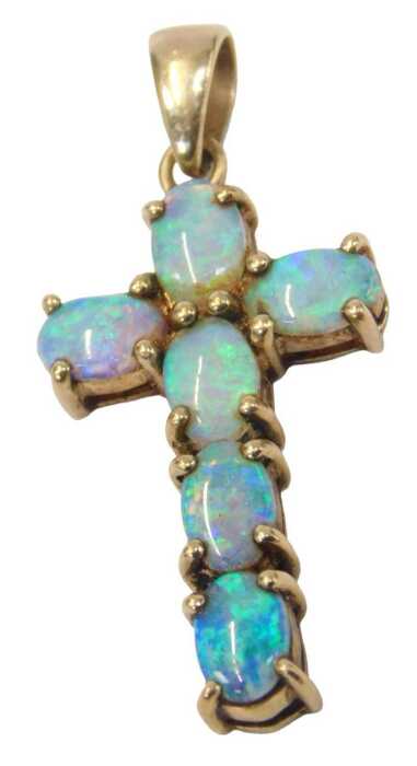 A 9ct gold opal pendant cross, set with six oval opals, 3.5cm high, 2.1g all in.
