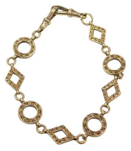 A watch chain bracelet, formed as diamonds and circles, each with scroll hammering, with two...