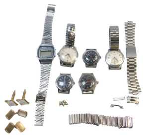 A group of gentleman's wristwatches and watch heads, to include Timex, Zodiac, Sanyo, cufflinks,...