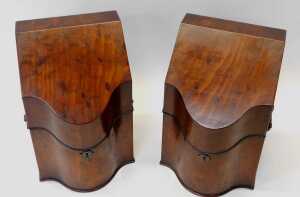 A pair of George III mahogany knife boxes, each of serpentine form, the hinged lid opening to... - 2