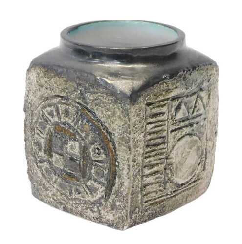 A Troika pottery marmalade jar, with incised differing patterns to each side, signed Troika,...
