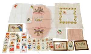 Various silk cigarette cards, together with two World War I silk postcards, embroidered silk...