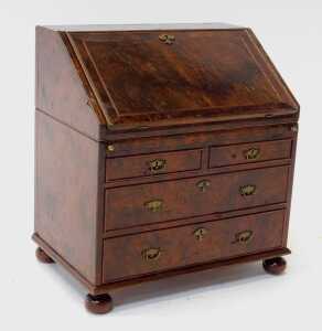 A 19thC walnut tea caddy modelled as a bureau, the hinged lid opening to reveal lidded twin... - 2
